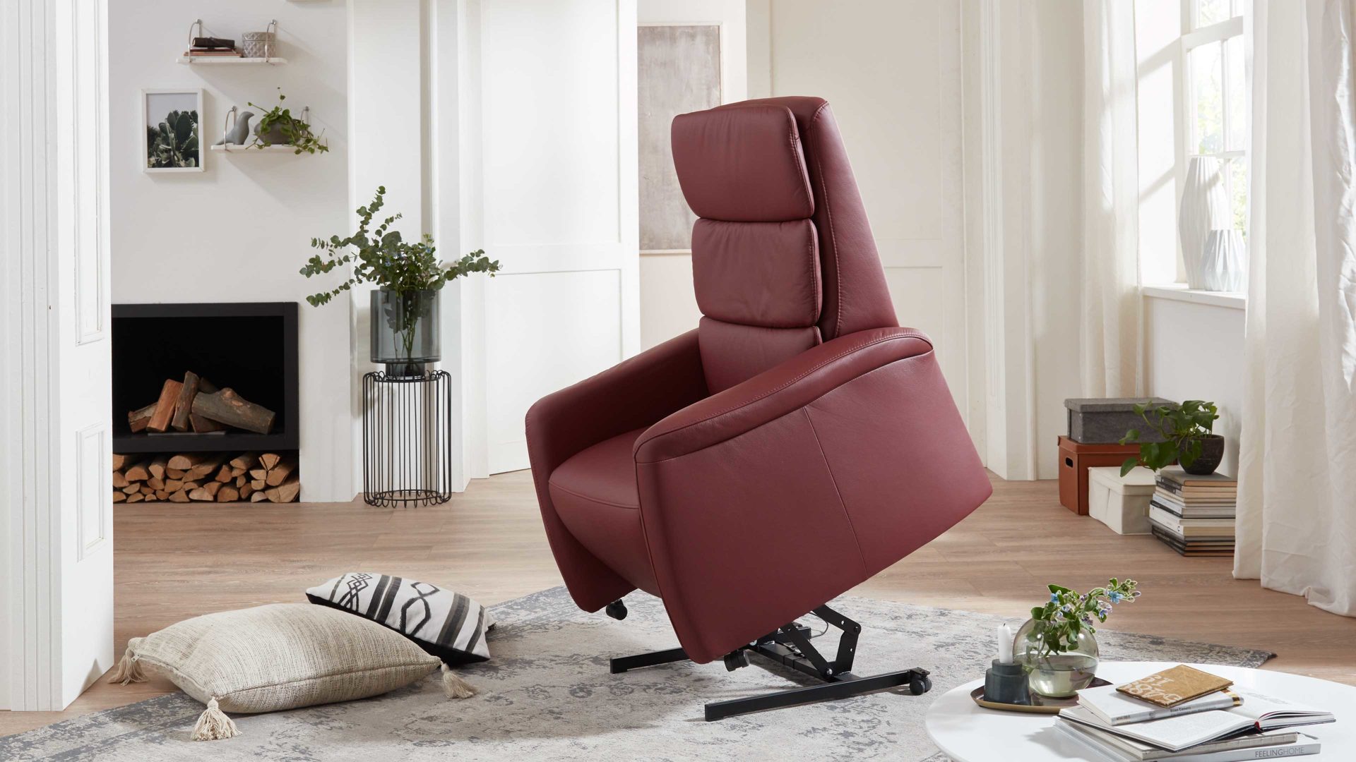 Relaxsessel OrthoSedis aus Leder in Dunkelrot OrthoSedis OS-HU1043 - Relaxsessel A8 mit Aufstehhilfe und Federkern brombeerfarbenes Leder Torro - Ergonomie L