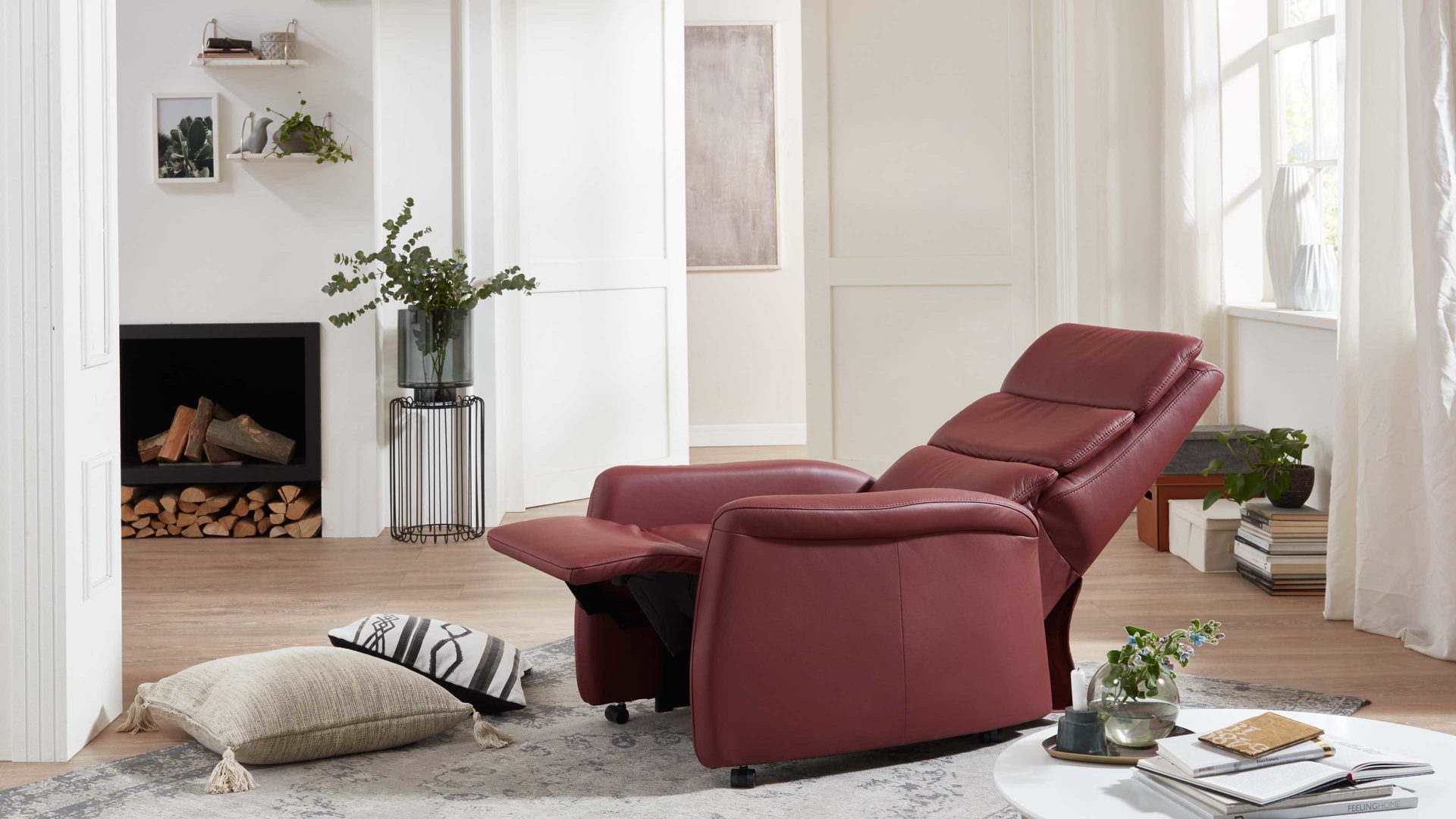 Relaxsessel OrthoSedis aus Leder in Dunkelrot OrthoSedis OS-HU1043 - Relaxsessel A8 mit Aufstehhilfe und Federkern brombeerfarbenes Leder Torro - Ergonomie L