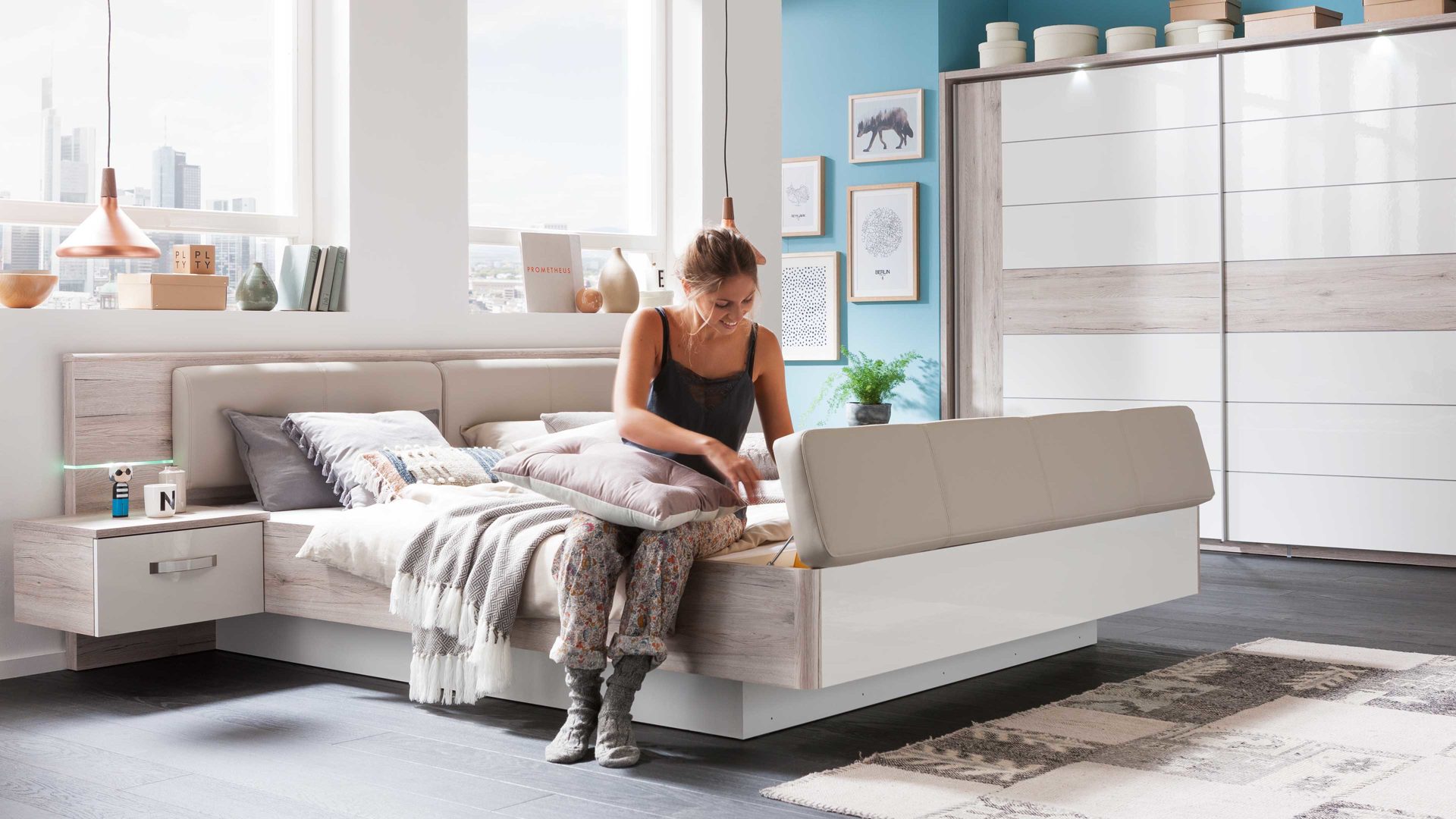 Doppelbett Forte® aus Holz in Holzfarben Doppelbettgestell Rondino Sandeiche & Weiß – Liegefläche ca. 180 x 200 cm