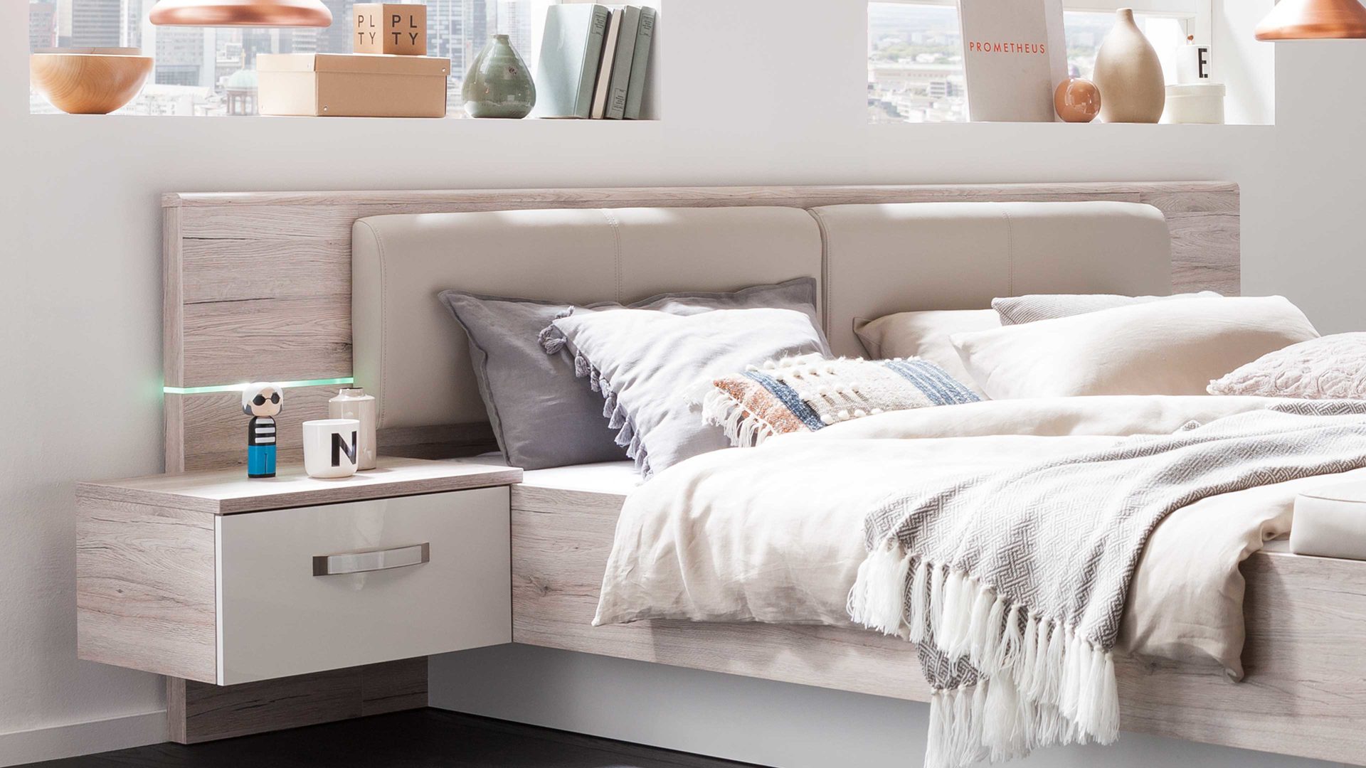 Doppelbett Forte® aus Holz in Holzfarben Doppelbettgestell Rondino Sandeiche & Weiß – Liegefläche ca. 180 x 200 cm