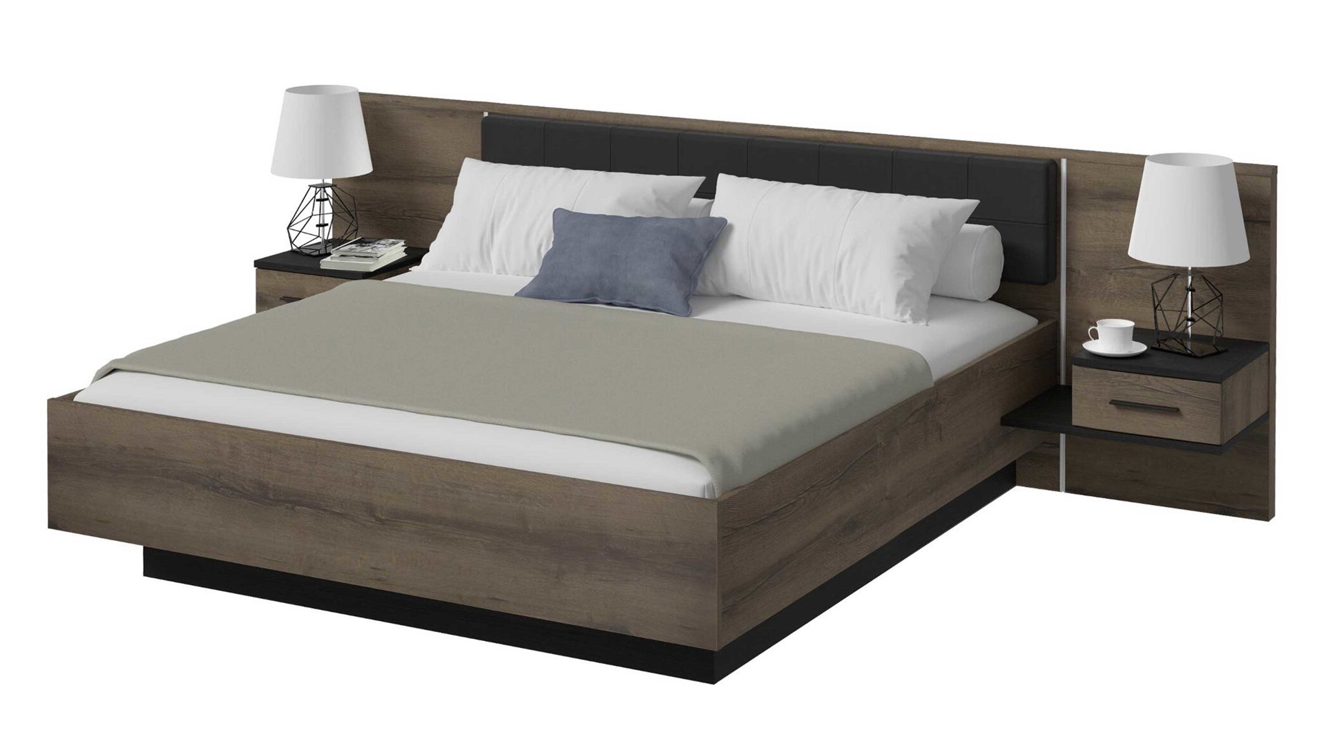 Doppelbett Forte® aus Holz in Holzfarben Bettgestell Bellevue mit Nachtkommoden Schwarzeiche & Schlamm – Liegefläche ca. 180 x 200 cm