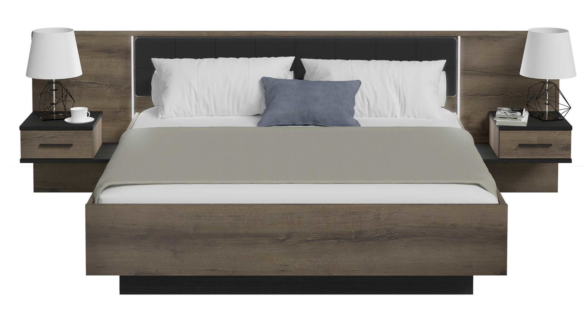 Doppelbett Forte® aus Holz in Holzfarben Bettgestell Bellevue mit Nachtkommoden Schwarzeiche & Schlamm – Liegefläche ca. 180 x 200 cm