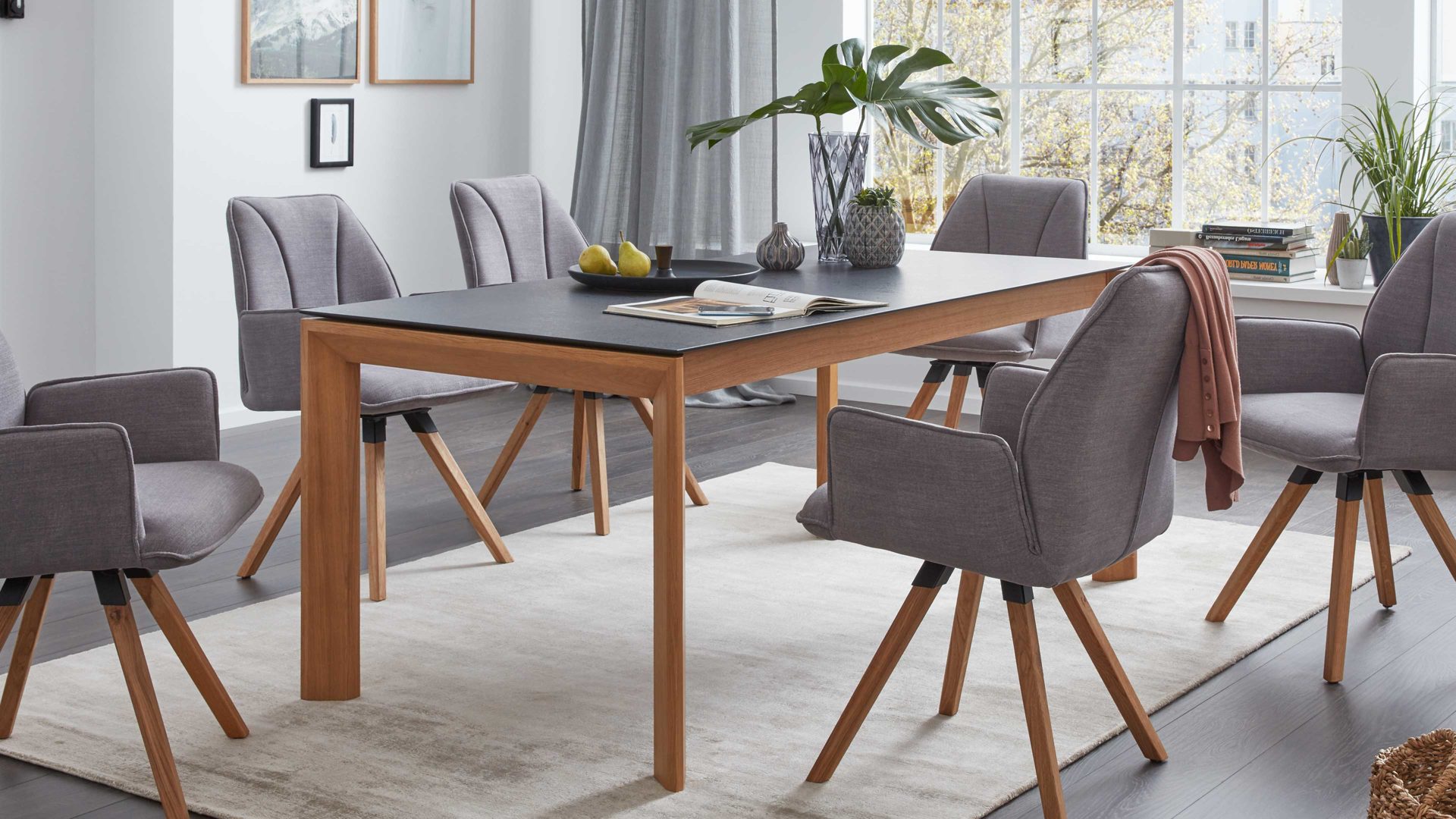 Auszugtisch Interliving aus Holz in Grau Interliving Esszimmer Serie 5102 – Auszugtisch V133 granitfarbenes HPL & Wildeiche – ca. 140-240 x 90 cm