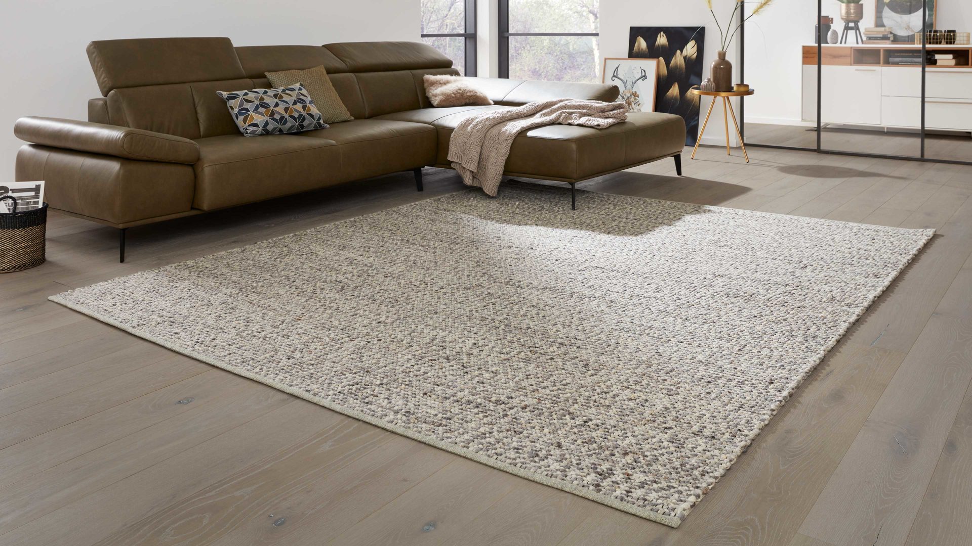 Handwebteppich Interliving aus Naturfaser in Hellgrau Interliving Teppich Serie B-8001 steinfarbene Schurwolle – ca. 65 x 130 cm