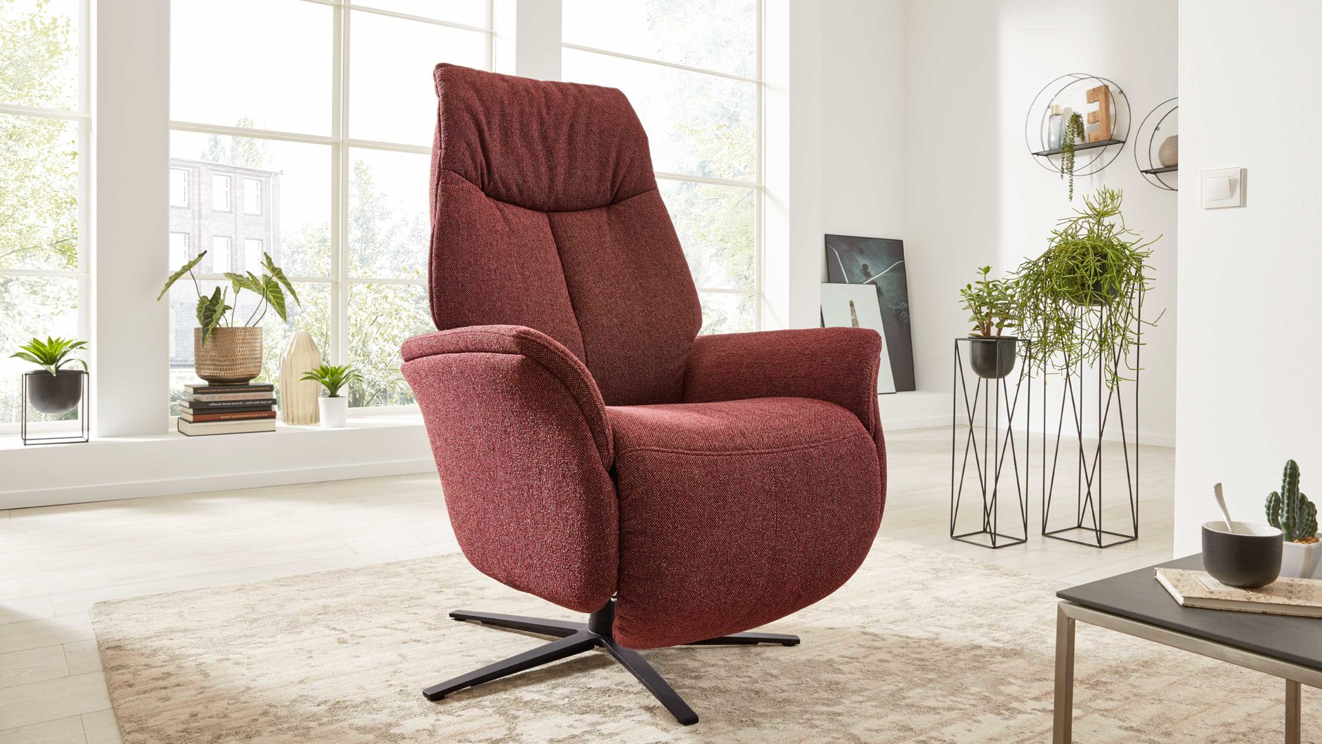 Relaxsessel Interliving aus Stoff in Rot Interliving Sessel Serie 4550 - Sessel 35V14 manuelle Funktionen - chiantifarbener Melangestoff Q2 & anthrazitfarbener Sternfuß