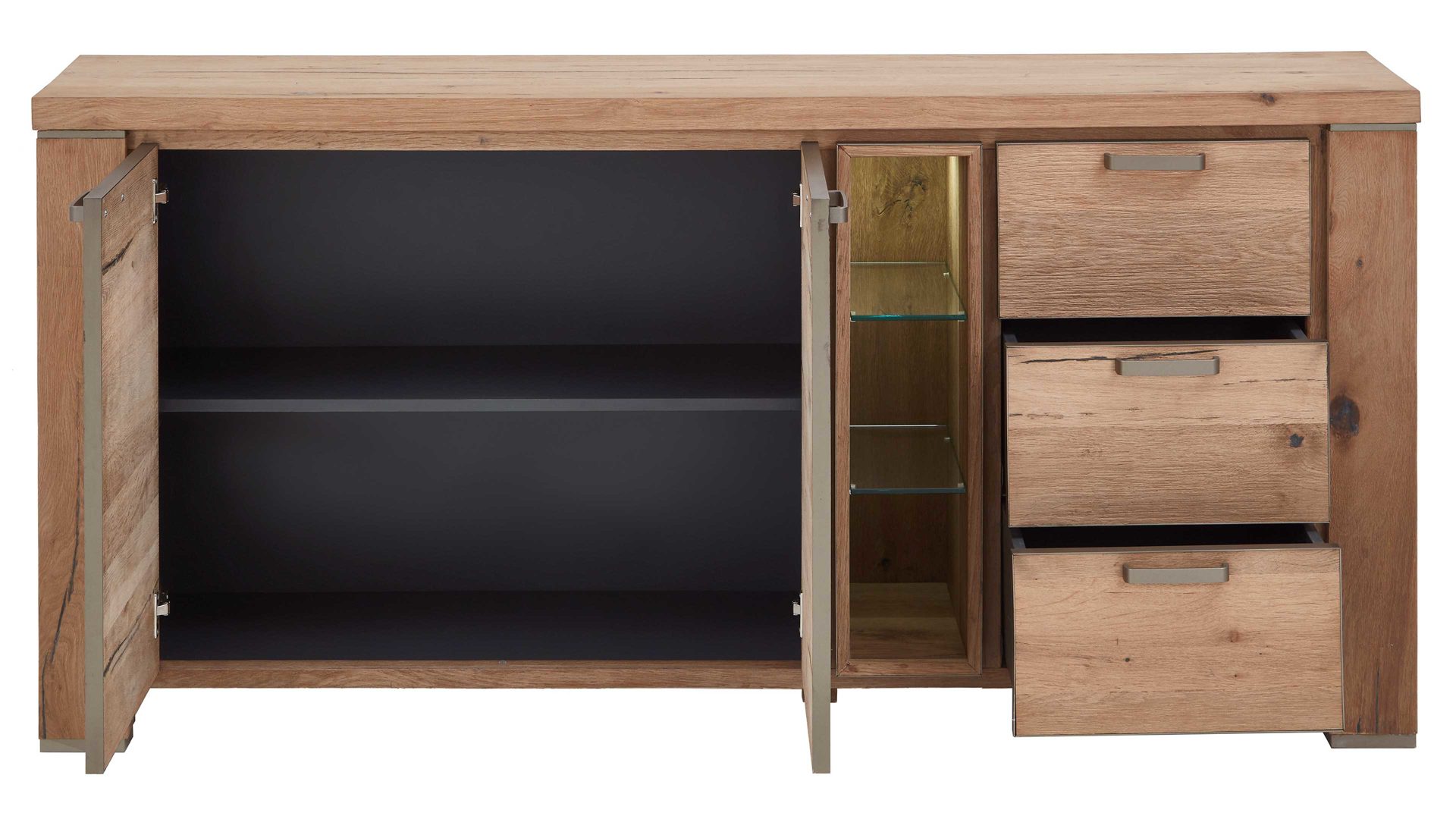 Sideboard WOODS & TRENDS aus Holz in Holzfarben WOODS & TRENDS Sideboard bzw. Kommodenschrank Canova railwaybraunes Eichefurnier & Metall – zwei Türen, drei Schubladen