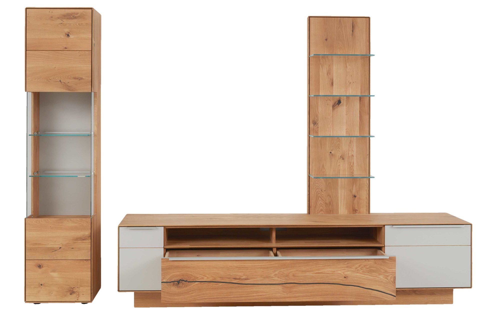 Wohnwand Interliving aus Holz in Hellgrau Interliving Wohnzimmer Serie 2020 - Wohnwand V15101 Asteiche & Schlamm – dreiteilig, Breite ca. 309 cm