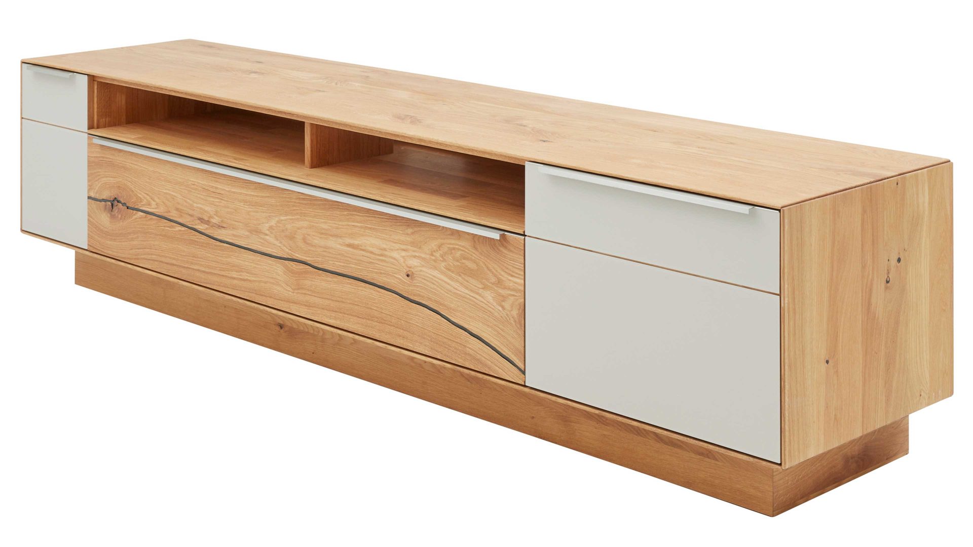 Lowboard Interliving aus Holz in Hellgrau Interliving Wohnzimmer Serie 2020 - Lowboard 151607 Asteiche & Schlamm – Breite ca. 242 cm