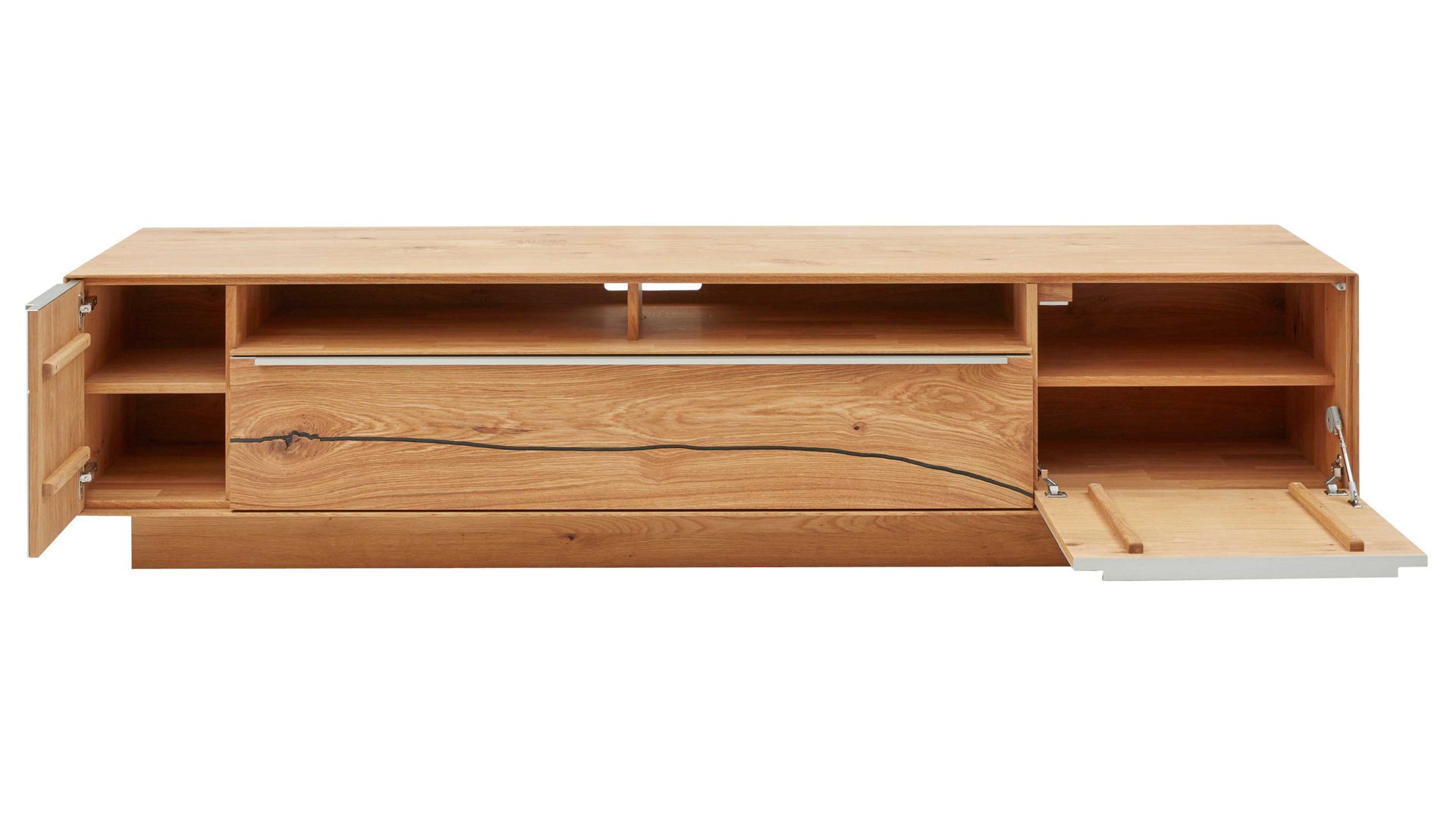Lowboard Interliving aus Holz in Hellgrau Interliving Wohnzimmer Serie 2020 - Lowboard 151607 Asteiche & Schlamm – Breite ca. 242 cm