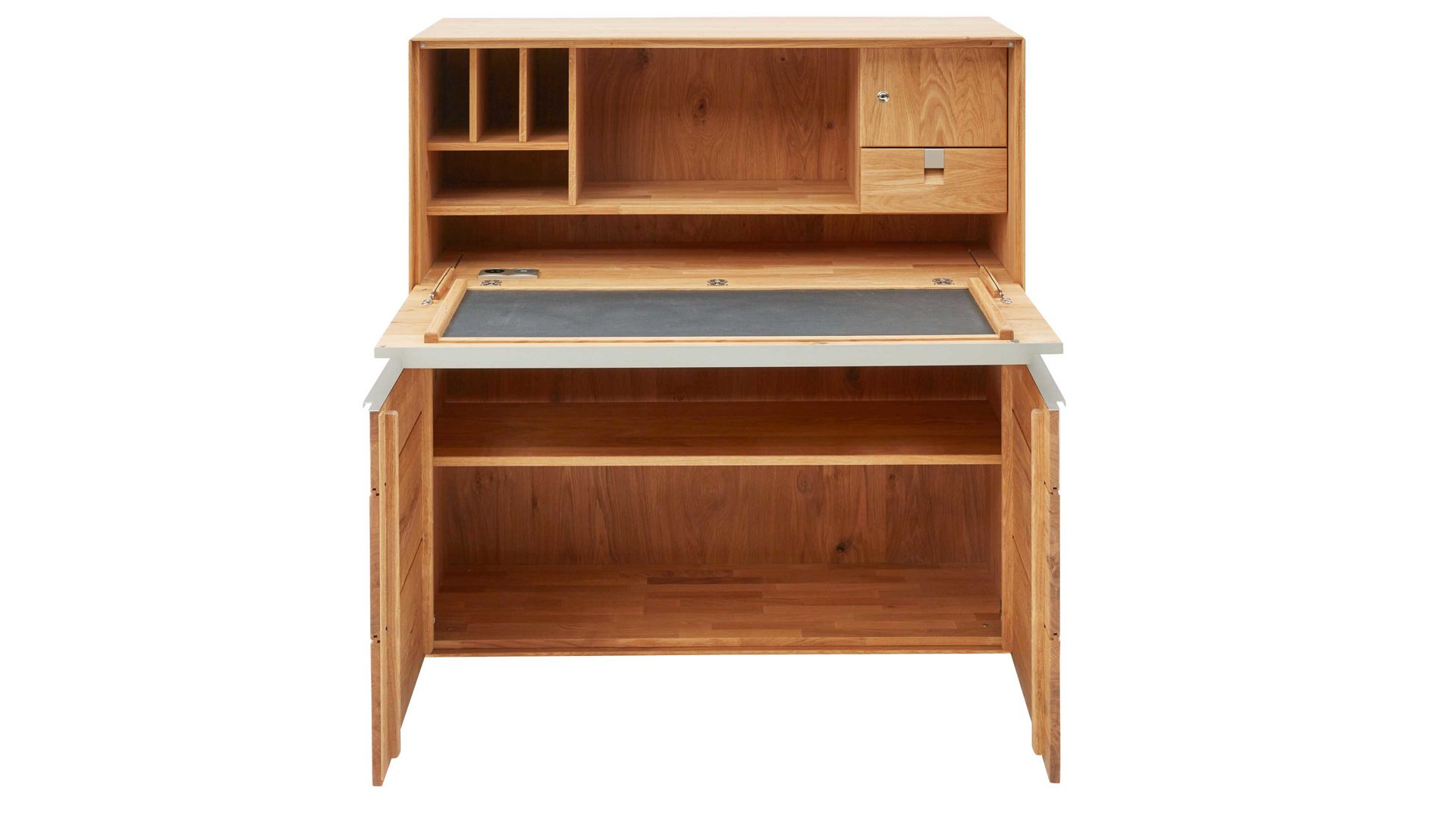 Schreibtisch Interliving aus Holz in Weiß Interliving Wohnzimmer Serie 2020 - Highboard Optiwhite, Asteiche & Riss-Eiche – Schreibplatte, zwei Türen