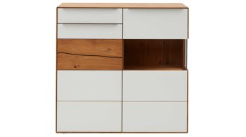 Highboard Interliving aus Holz in Weiß Interliving Wohnzimmer Serie 2020 - Highboard 151124 Optiwhite, Asteiche & Riss-Eiche – zwei Türen, eine Schublade