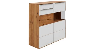 Highboard Interliving aus Holz in Weiß Interliving Wohnzimmer Serie 2020 - Highboard 151124 Optiwhite, Asteiche & Riss-Eiche – zwei Türen, eine Schublade