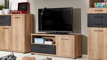 Lowboard Interliving aus Holz in Holzfarben Interliving Jugendzimmer Serie 1701 - Lowboard Riss-Eiche & Schiefer anthrazit - Breite ca. 117 cm