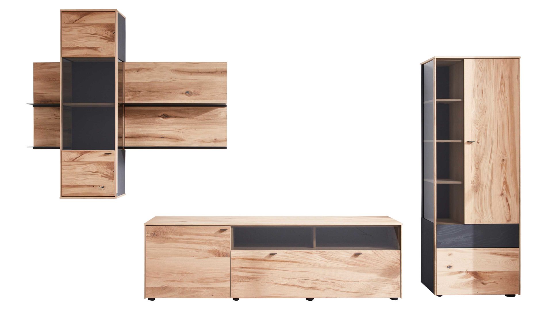 Wohnwand Interliving aus Holz in Holzfarben Interliving Esszimmer Serie 5604 - Wohnwand Eiche rustico & Anthrazit  - fünfteilig, Breite ca. 365 cm