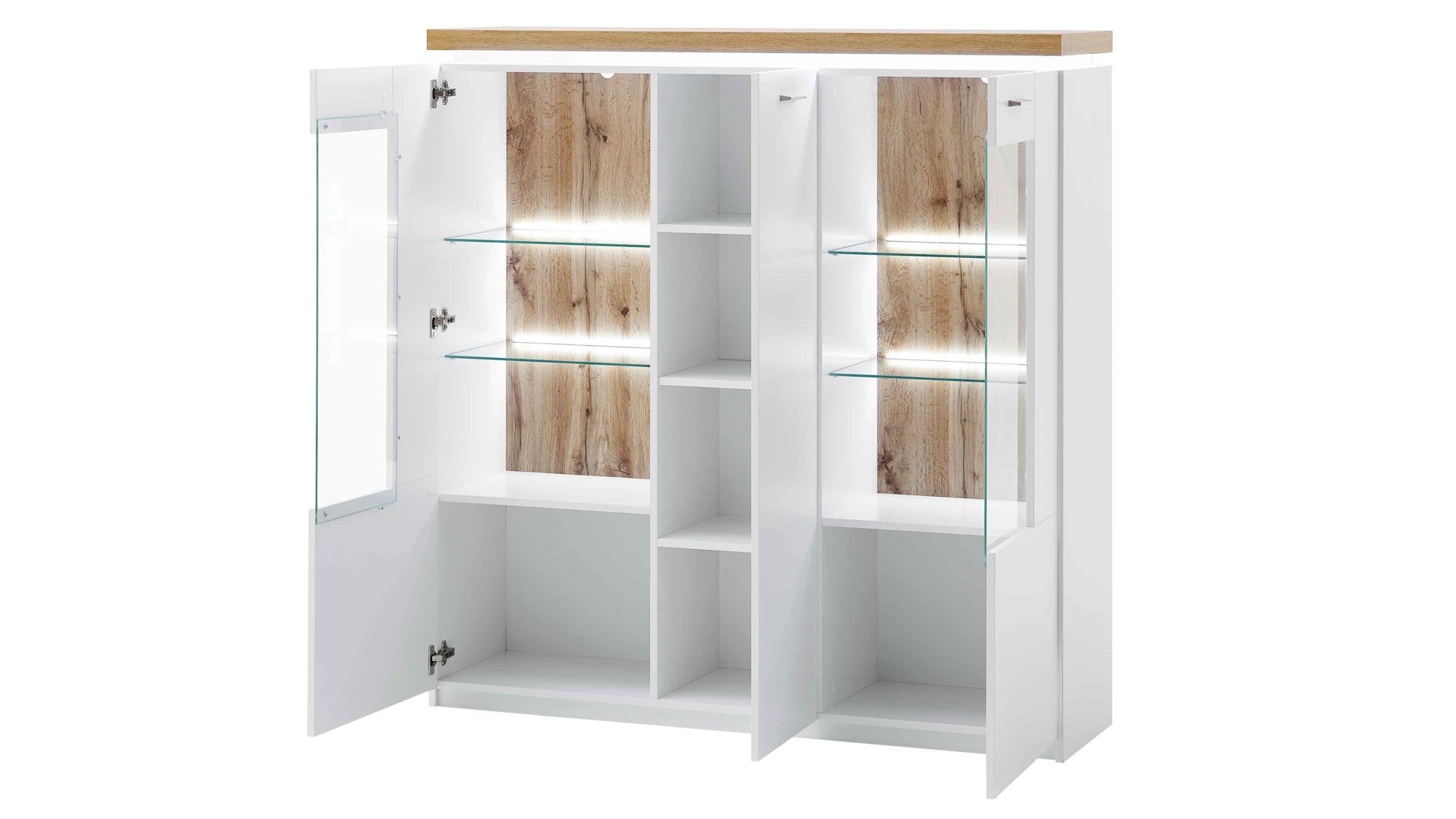 Highboard Mca furniture aus Holz in Weiß Wohnprogramm Cali - Highboard-Vitrine 05 Weiß & Wotan Eiche - drei Türen, Breite ca. 138 cm