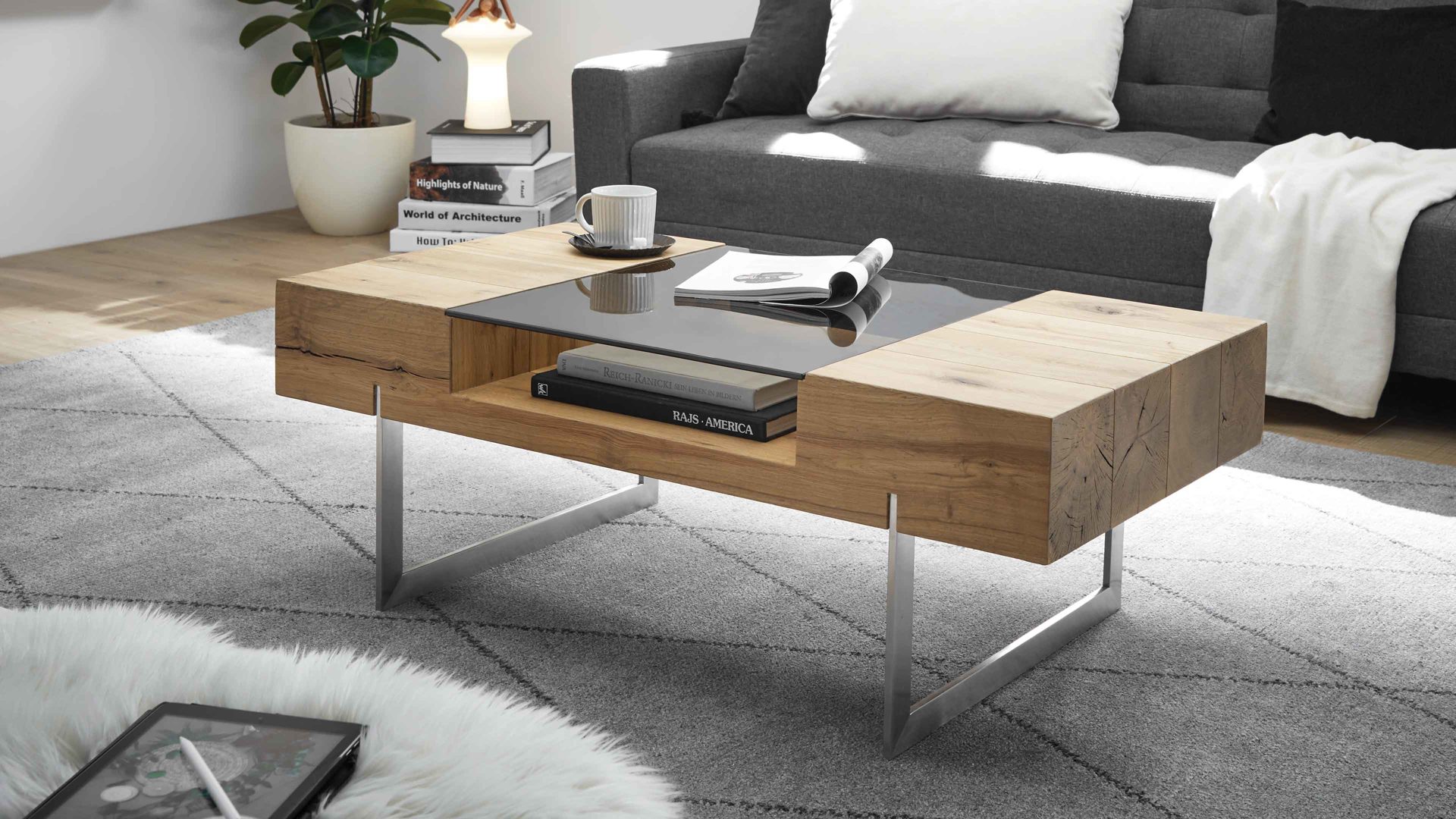 Couchtisch A better place furniture aus Holz in Holzfarben Couchtisch Rewa mit Stauraum Asteiche, Bronze & Edelstahl - ca. 110 x 60 cm