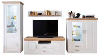 Wohnwand Mca direkt aus Holz in Weiß Wohnprogramm Brixen - Wohnwand 01 Pinie Aurelio & Grandson Oak - vierteilig, Breite ca. 369 cm