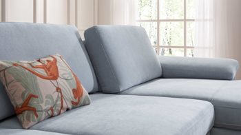 Ecksofa SOFAkultur aus Stoff in Hellblau SOFAkultur Programm SK 239 - Ecksofa hellblauer Velour Matrix & Chromfüße – Stellfläche ca. 284 x 185 cm
