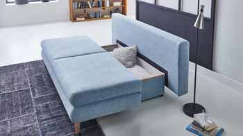 Schlafsofa Restyl aus Stoff in Hellblau Schlafsofa Rob eisblauer Bezug 55-6451 & Eichenholzfüße