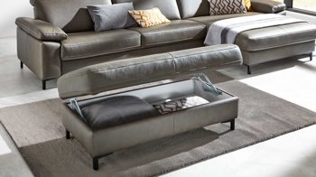 Funktionshocker Interliving aus Leder in Grau Interliving Sofa Serie 4054 – Funktionshocker steingrauer LongLife-Leder Vivre & schwarze Metallfüße – ca. 130 x 60 cm