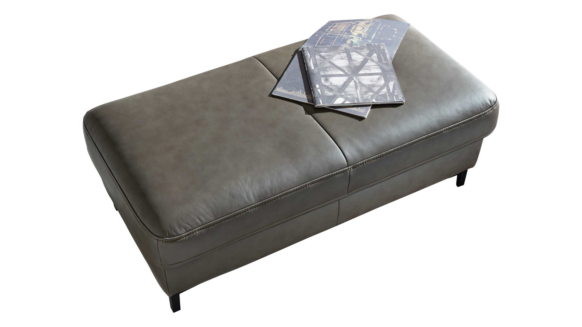 Polsterhocker Interliving aus Leder in Grau Interliving Sofa Serie 4054 – XXL-Hocker XXL Ho steingrauer LongLife-Leder Vivre & schwarze Metallfüße – ca. 130 x 60 cm