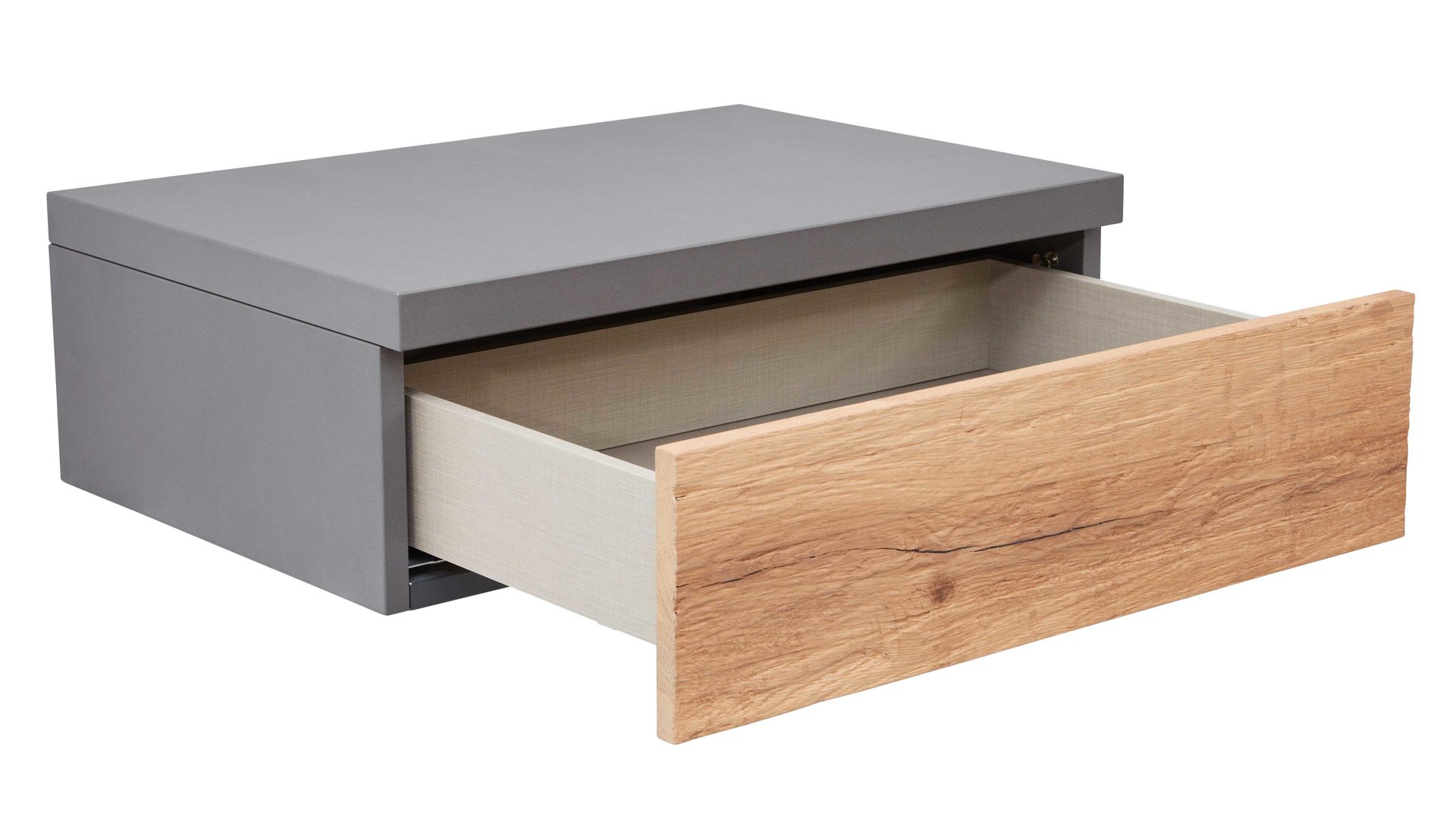 Nachtkommode Interliving aus Holz in Dunkelgrau Interliving Schlafzimmer Serie 1025 – Hängekonsole rechts, eine Schublade - Graphit & Balkeneiche gehackt