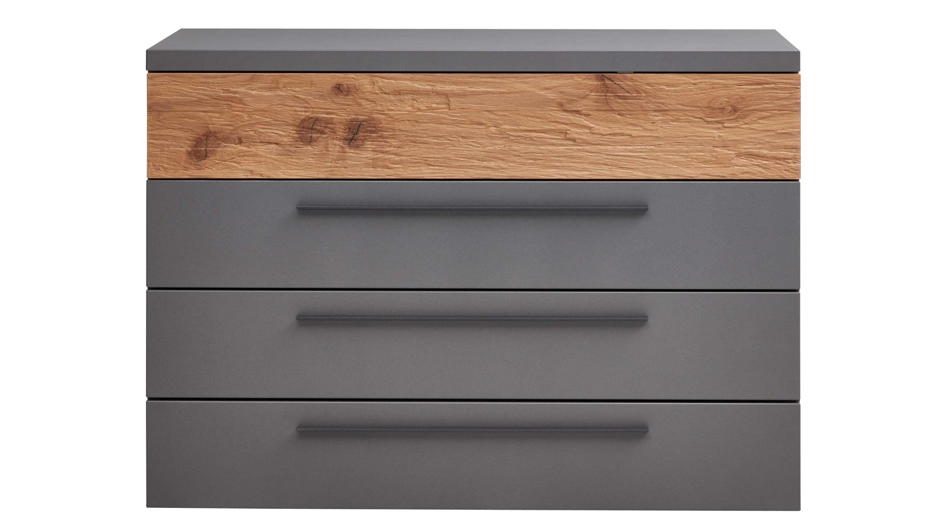Schubladenkommode Interliving aus Holz in Dunkelgrau Interliving Schlafzimmer Serie 1025 – Schubladenkommode Graphit &amp; Balkeneiche gehackt - vier Schubladen