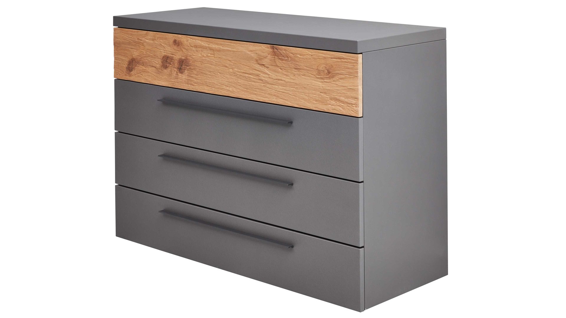 Schubladenkommode Interliving aus Holz in Dunkelgrau Interliving Schlafzimmer Serie 1025 – Schubladenkommode Graphit &amp; Balkeneiche gehackt - vier Schubladen