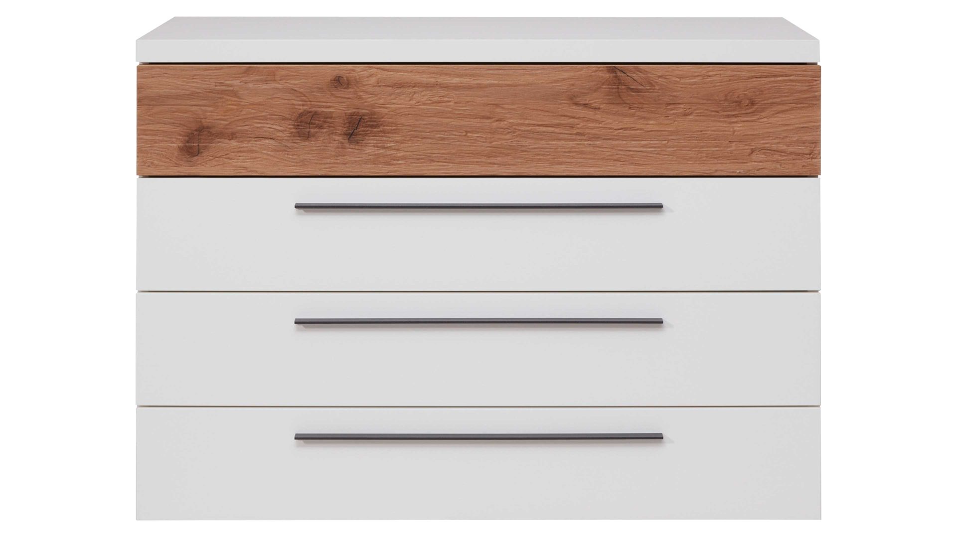 Schubladenkommode Interliving aus Holz in Weiß Interliving Schlafzimmer Serie 1025 – Schubladenkommode Weiß & Balkeneiche gehackt - vier Schubladen, Länge  ca.115 cm