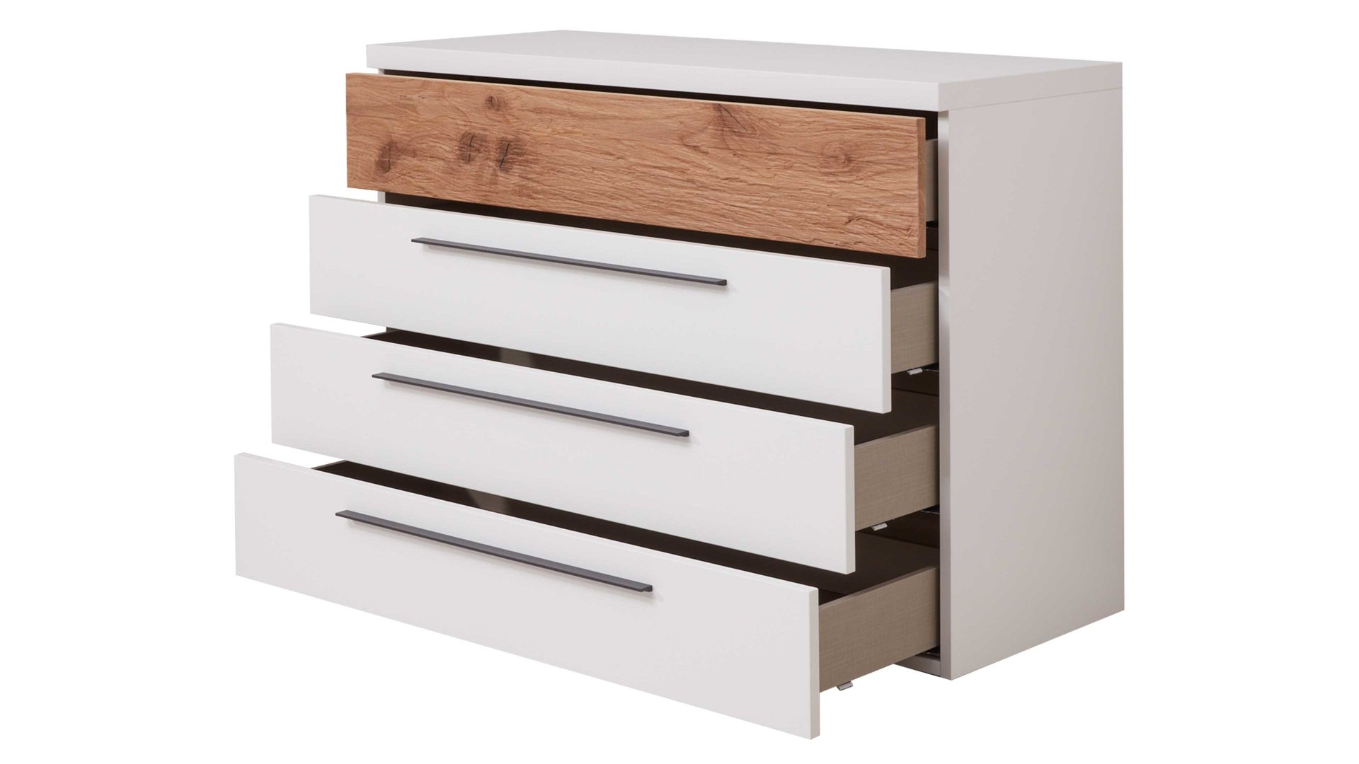 Schubladenkommode Interliving aus Holz in Weiß Interliving Schlafzimmer Serie 1025 – Schubladenkommode Weiß &amp; Balkeneiche gehackt - vier Schubladen