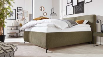 Polsterbett Interliving aus Stoff in Dunkelgrün Interliving Bettsystem Serie 1414 - Polsterbett Variante 4 olivgrüner Stoffbezug GCP 333 - Liegefläche ca. 180 x 200 cm