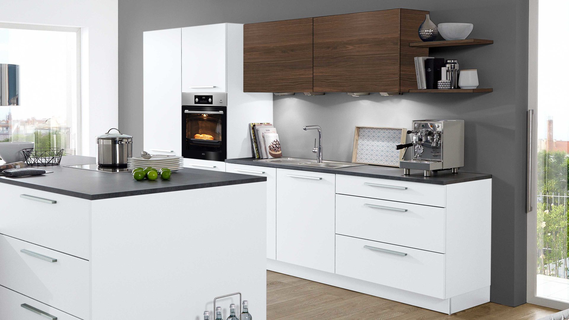 Einbauküche Nolte® küchen aus Holz in Weiß nolte® Einbauküche Soft Lack mit AEG-Einbaugeräten Arcticweiß & Nussbaum Kuba – zweizeilig