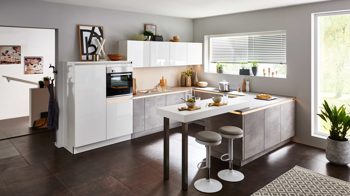 Einbauküche Nolte® küchen aus Holz in Weiß nolte® Einbauküche Lux mit Einbaugeräten Weiß & Beton - Stellfläche ca. 360 x 297 cm