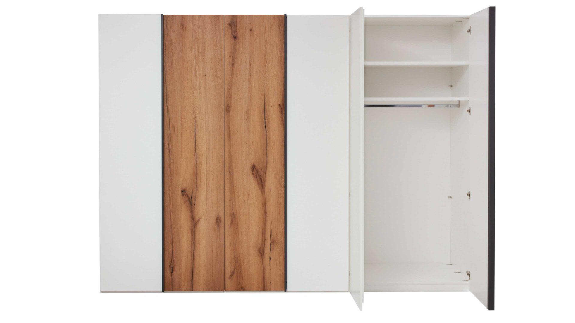 Kleiderschrank Interliving aus Holz in Weiß Interliving Schlafzimmer Serie 1025 – Kleiderschrank 531052 Weiß & Balkeneiche gehackt - fünf Türen, Breite ca. 249 cm