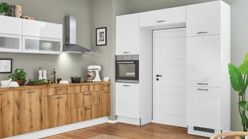 Einbauküche Pino aus Holz in Holzfarben Hell pino Einbauküche inklusive Einbaugeräte Weiß & Evoke Eiche - zweizeilig