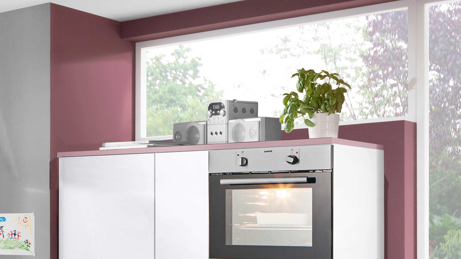 Einbauküche Pino aus Holz in Rosa pino Einbauküche inklusive Einbaugeräte Antikrosa & Weiß - zweizeilig