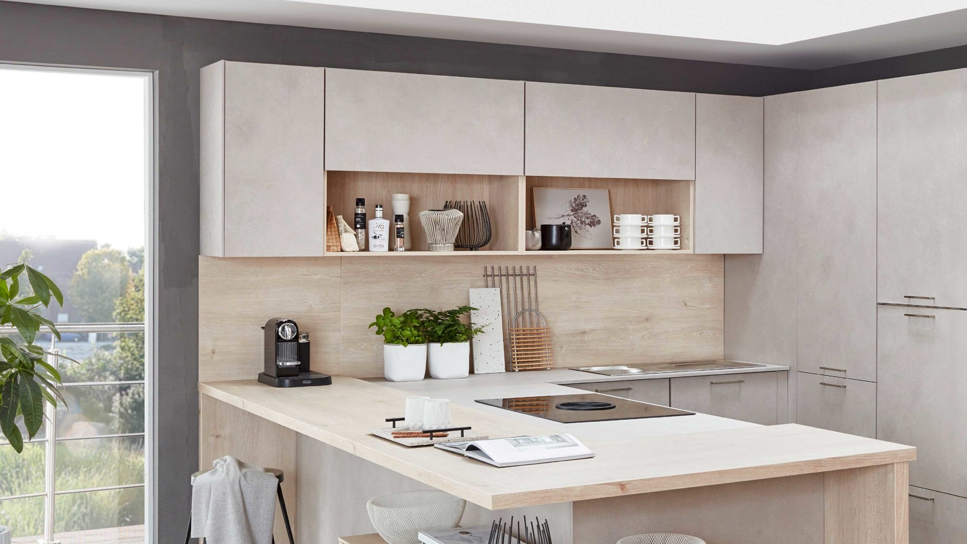 Einbauküche Nobilia® aus Holz in Holzfarben Hell nobilia® Einbauküche Riva mit BORA Muldenlüfter Beton Sand & Eiche Montreal - Stellfläche ca. 304 x 319 cm