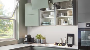 Einbauküche Nobilia® aus Holz in Grau nobilia® Einbauküche Flash mit AEG Elektrogeräten Schiefergrau & Schilf - Stellfläche ca. 242 x 300 cm