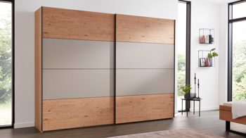 Kleiderschrank Interliving aus Holz in Grau Interliving Schlafzimmer Serie 1024 – Schwebetürenschrank Design 25,  Taupe & Balkeneiche - zwei Türen, Breite ca. 301 cm