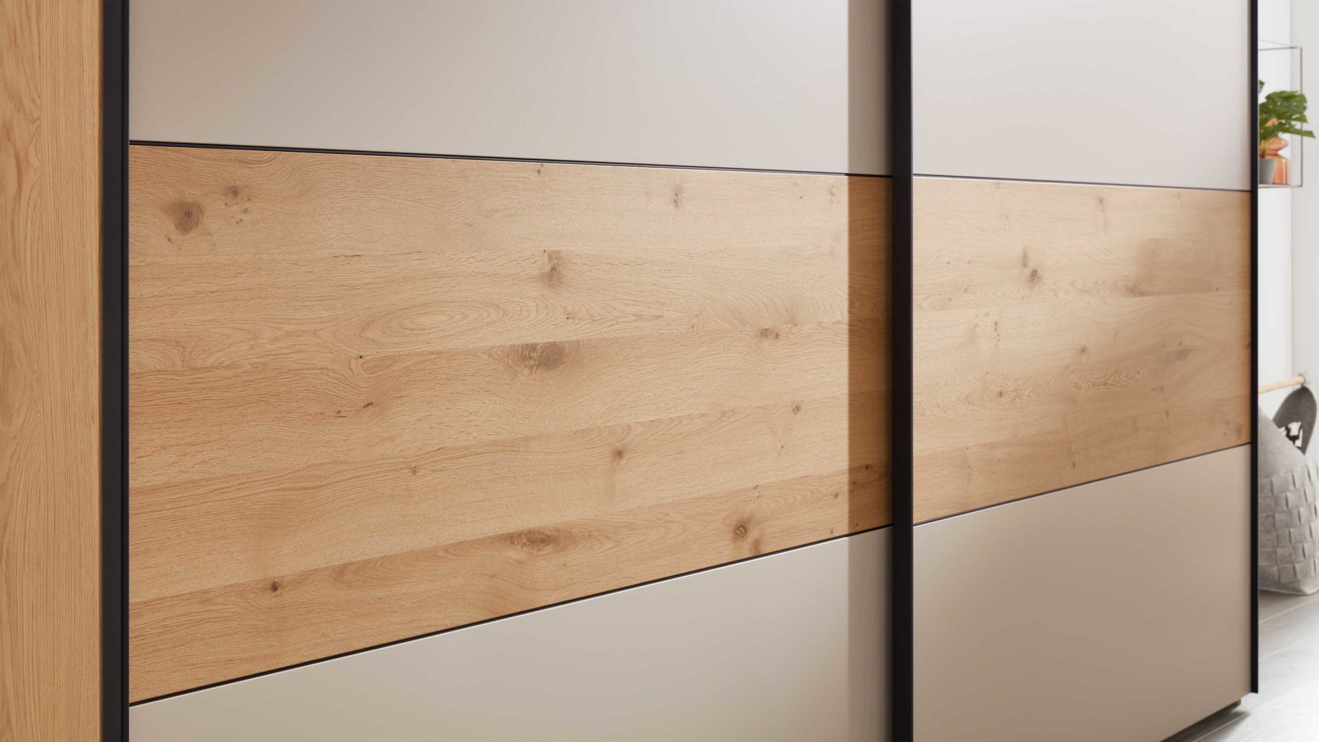 Kleiderschrank Interliving aus Holz in Beige Interliving Schlafzimmer Serie 1024 – Schwebetürenschrank Design 27,  Sand & Balkeneiche - zwei Türen, Breite ca. 301 cm