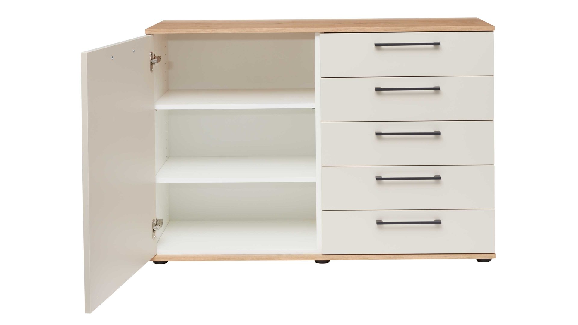 Kombikommode Interliving aus Holz in Beige Interliving Schlafzimmer Serie 1024 – Kombikommode 56016 links eine Tür, rechts fünf Schubladen - Sand & Balkeneiche, Breite ca. 120 cm