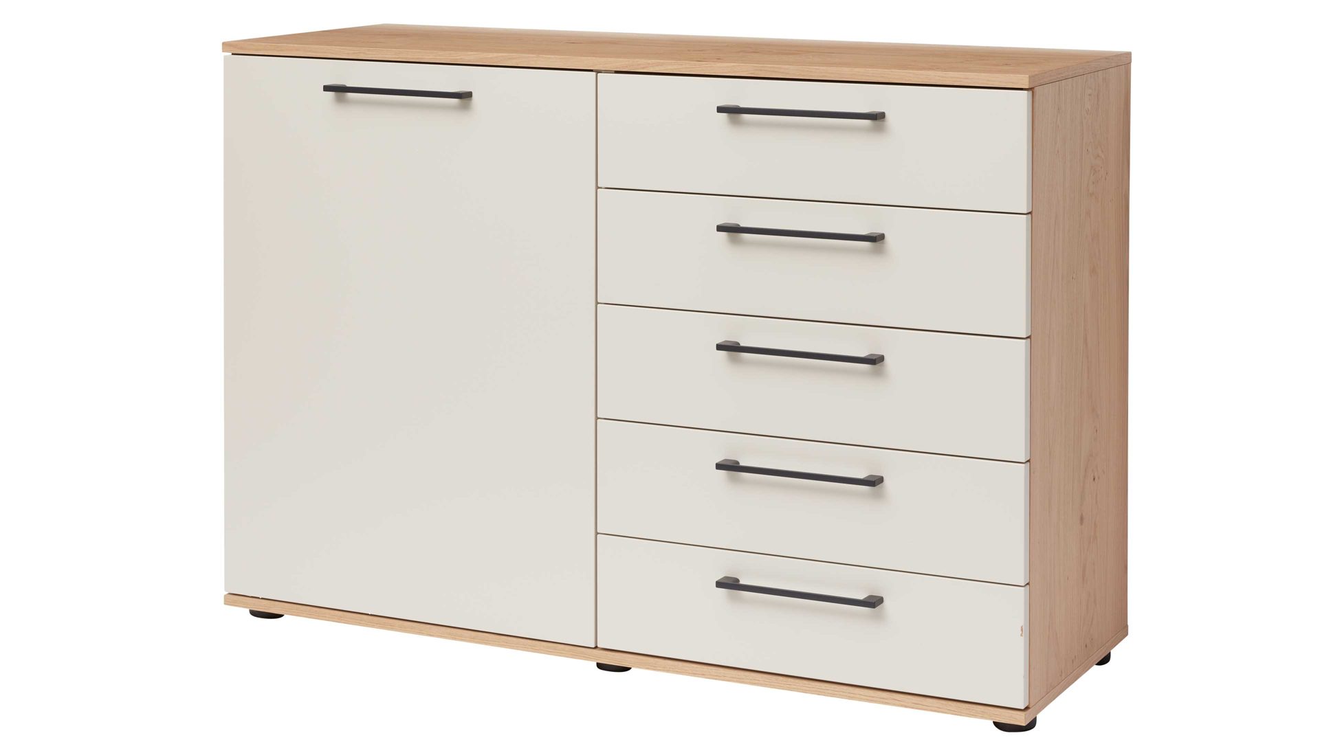 Kombikommode Interliving aus Holz in Beige Interliving Schlafzimmer Serie 1024 – Kombikommode 56016 links eine Tür, rechts fünf Schubladen - Sand & Balkeneiche, Breite ca. 120 cm
