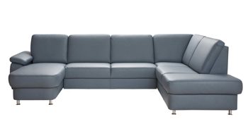 Ecksofa modulmaster aus Leder in Hellblau Modulmaster MM-PN1059 - Wohnlandschaft stahlblaues Leder Belvita & Metallfüße – Stellfläche ca. 322 x 210 cm