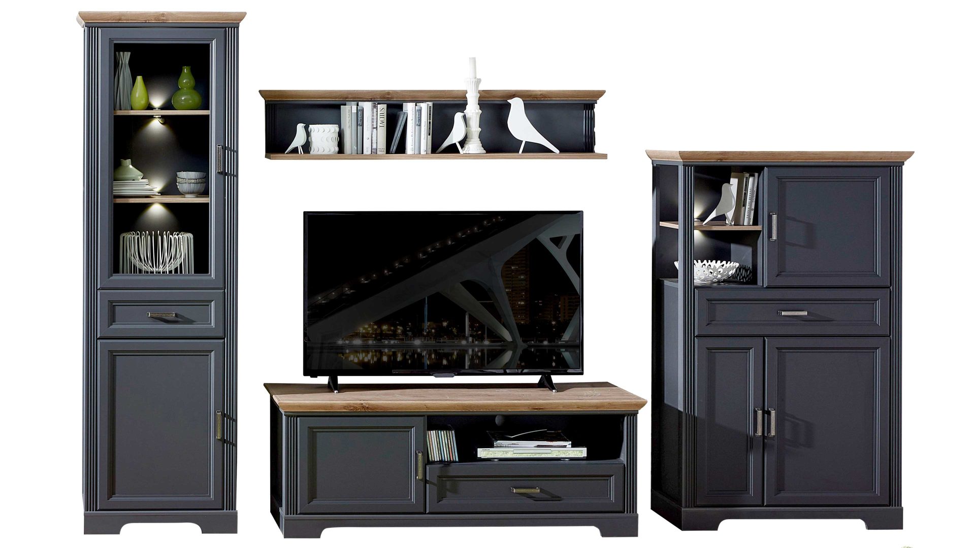 Wohnwand Innostyle aus Holz in Dunkelgrau Möbelprogramm Jasmin - Wohnwand Graphit & Artisan Eiche – vierteilig