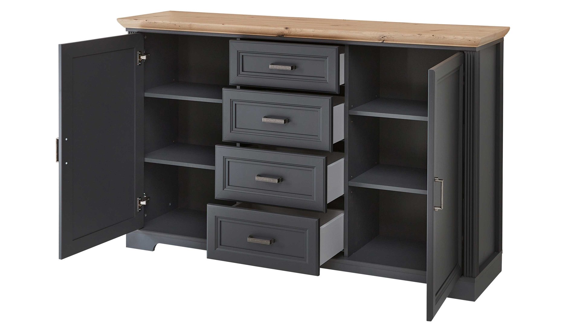 Sideboard Innostyle aus Holz in Dunkelgrau Kommodenserie Jasmin - Sideboard Graphit & Artisan Eiche – vier Schubladen & zwei Türen, Breite ca. 165 cm
