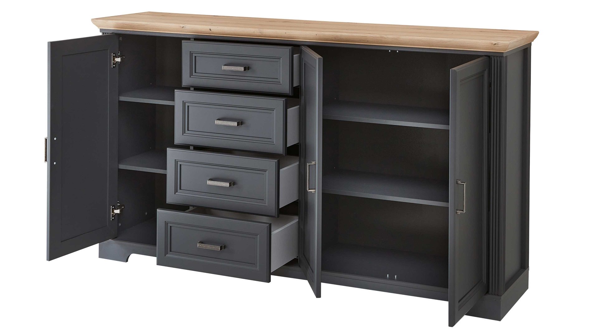Sideboard Innostyle aus Holz in Dunkelgrau Kommodenserie Jasmin - Sideboard Graphit & Artisan Eiche – vier Schubladen & drei Türen, Breite ca. 182 cm