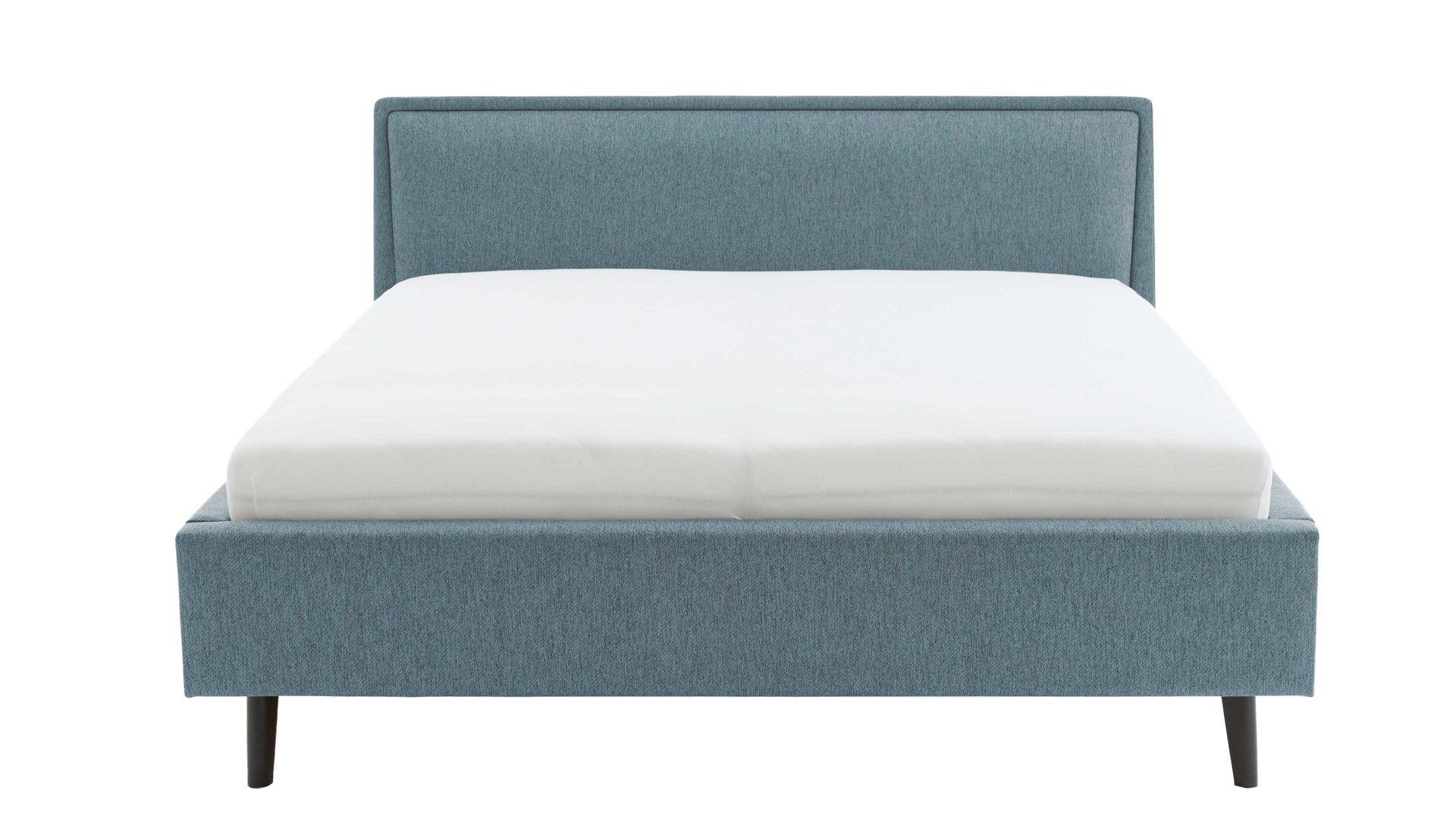 Bettgestell Meise.möbel aus Stoff in Blau Polsterbettgestell Frieda mit Bettkasten oceanfarbener Bezug Stelar 39 & schwarze Holzfüße - Liegefläche ca. 140 x 200 cm