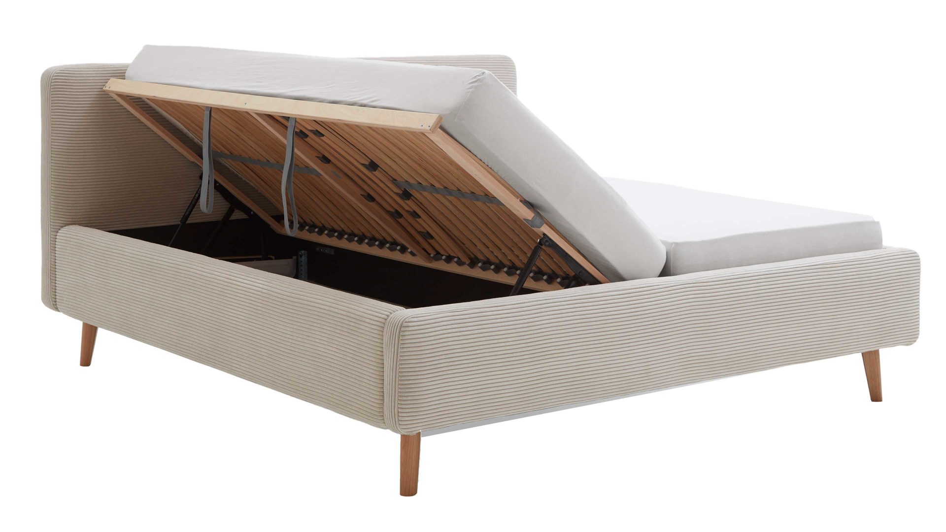 Bettgestell Meise.möbel aus Stoff in Beige Polsterbettgestell Mattis mit Bettkasten beiger Breitcord Poso 100 & Holzfüße - Liegefläche ca. 180 x 200 cm