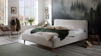 Bettgestell Meise.möbel aus Stoff in Beige Polsterbettgestell Mattis mit Bettkasten beiger Breitcord Poso 100 & Holzfüße - Liegefläche ca. 160 x 200 cm