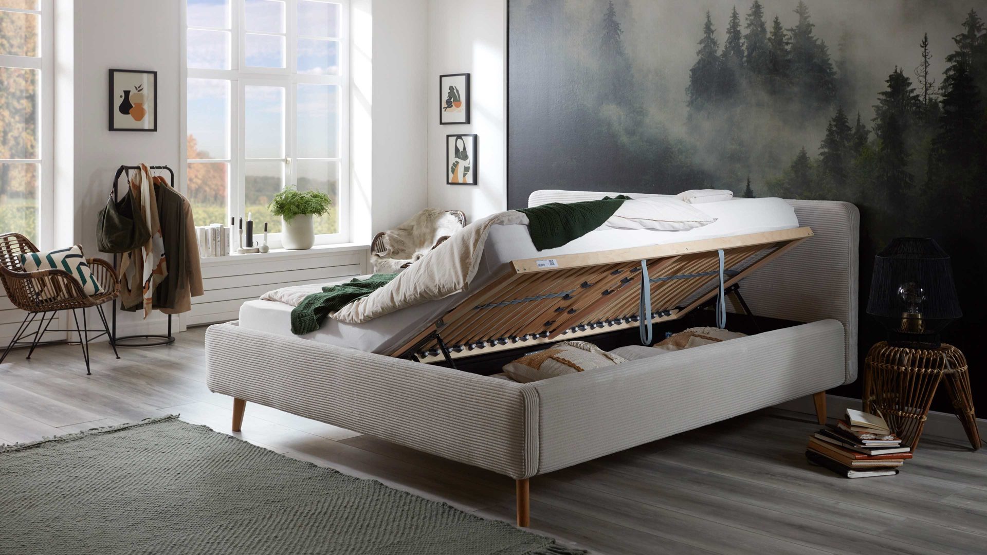 Bettgestell Meise.möbel aus Stoff in Beige Polsterbettgestell Mattis mit Bettkasten beiger Breitcord Poso 100 & Holzfüße - Liegefläche ca. 180 x 200 cm